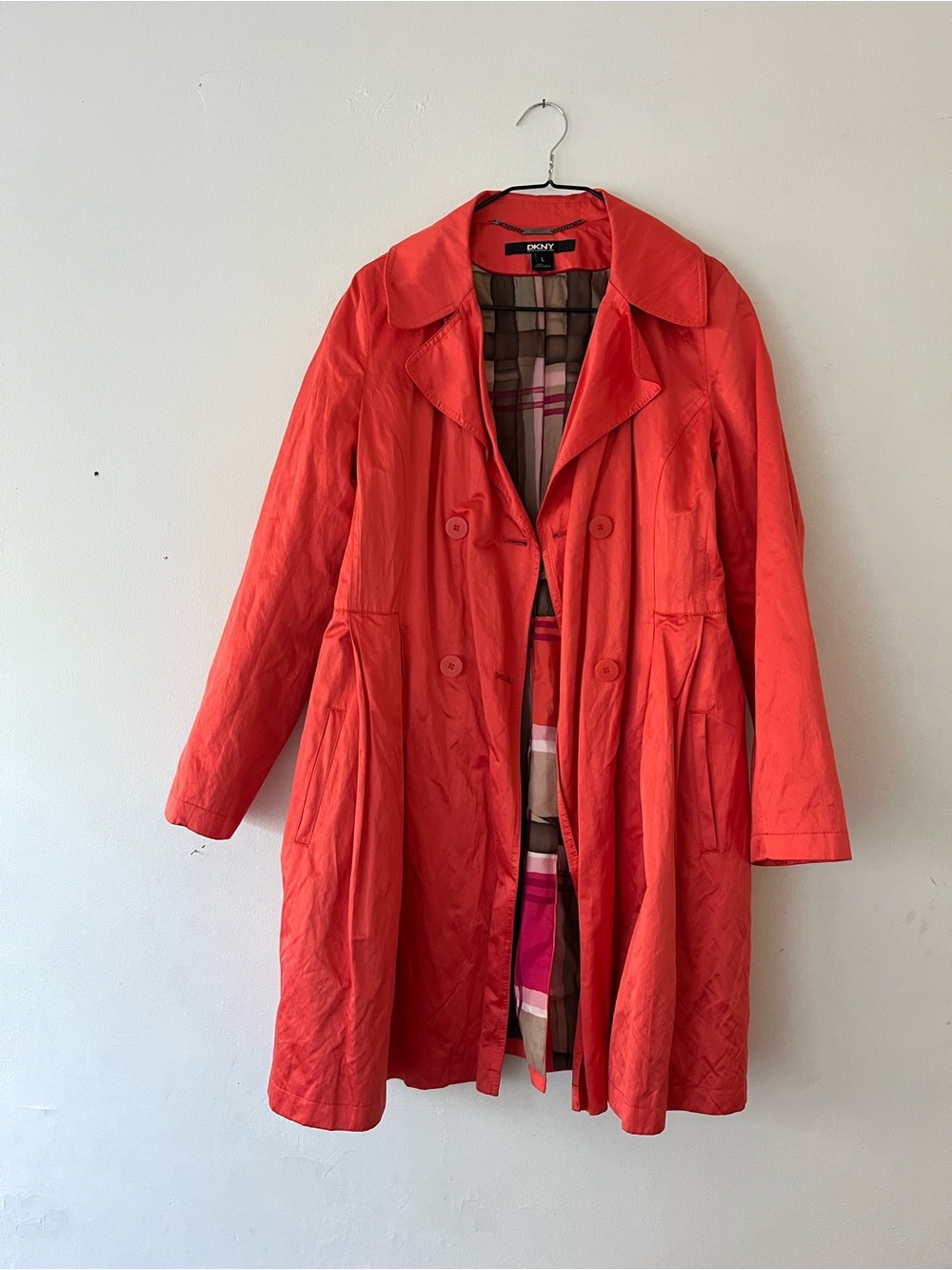 DKNY Trench Coat - Women's Double-Breasted Coat in orange metalic